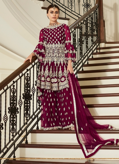 Purple Net Wedding Wear Embroidery Work Sharara Suit