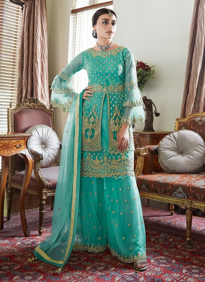 Blue Net Wedding Wear Embroidery Work Sharara Suit