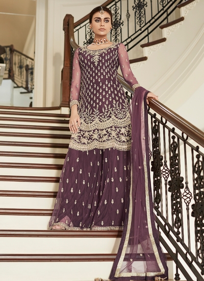 Purple Net Wedding Wear Embroidery Work Sharara Suit