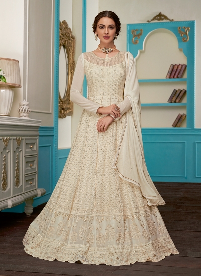 White Georgette Party Wear Embroidery Work Anarkali Suit