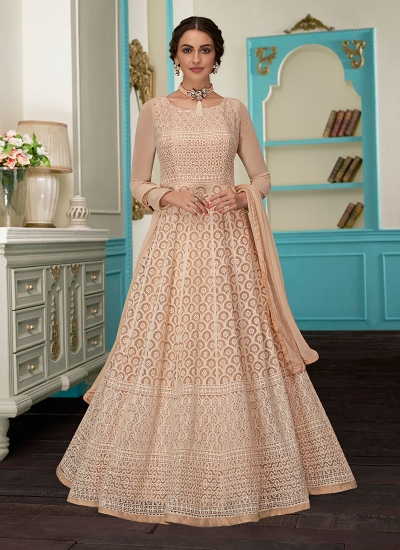 Peach Georgette Party Wear Embroidery Work Anarkali Suit