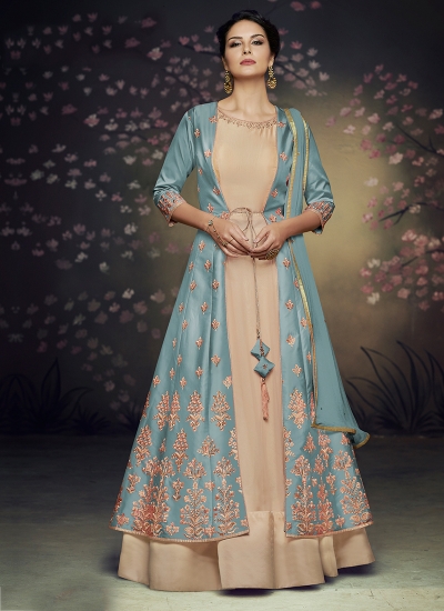 Peach Net Umbrella Lehenga with Jacket Online FABLE20079 FABANZA