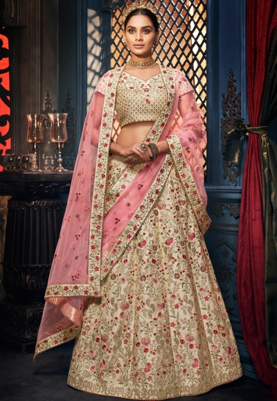 Beige silk circular lehenga choli 5156