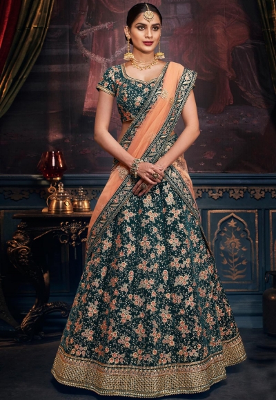 Teal green velvet circular lehenga choli 5158