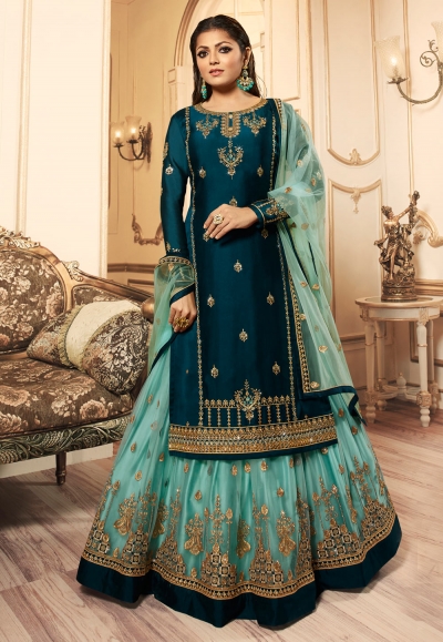 Drashti dhami teal georgette long choli lehenga 45006