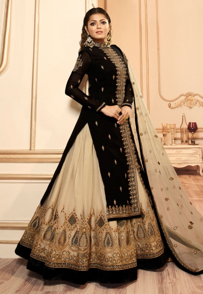 Drashti dhami black georgette long choli lehenga 45008