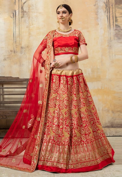 Red satin bridal lehenga choli 8002