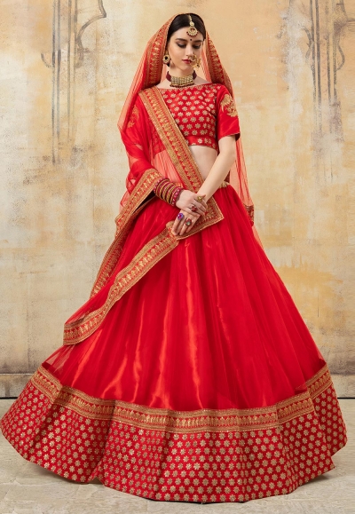 Red net bridal lehenga choli 8001