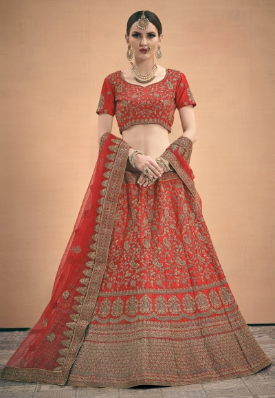 Red satin embroidered bridal lehenga choli 3005