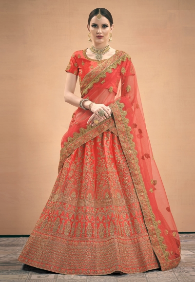 Red satin embroidered circular lehenga choli 3003