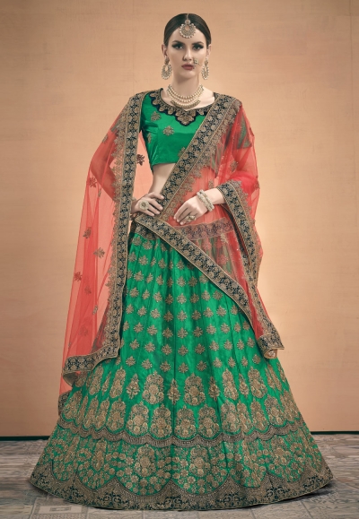 Green satin embroidered circular lehenga choli 3004