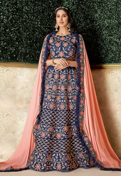 Navy blue silk embroidered circular lehenga choli 16203