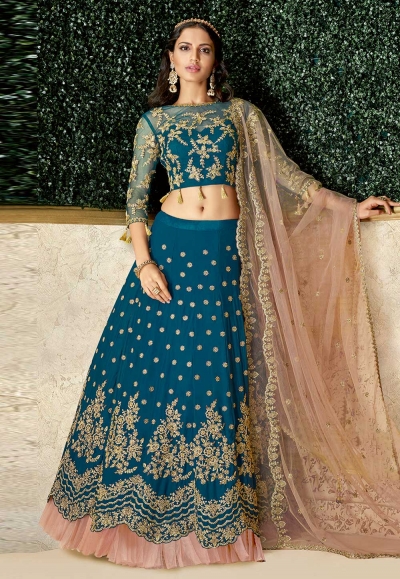 Blue satin embroidered circular lehenga choli 16210