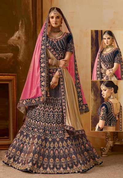 Blue velvet bridal lehenga choli N226B