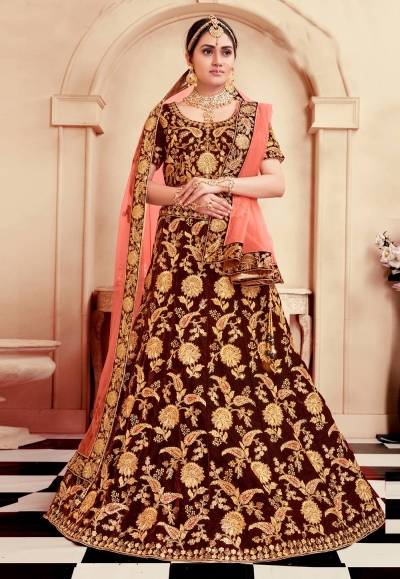 Maroon velvet bridal lehenga choli N215B