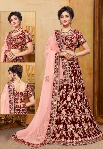 Maroon velvet bridal lehenga choli N220B