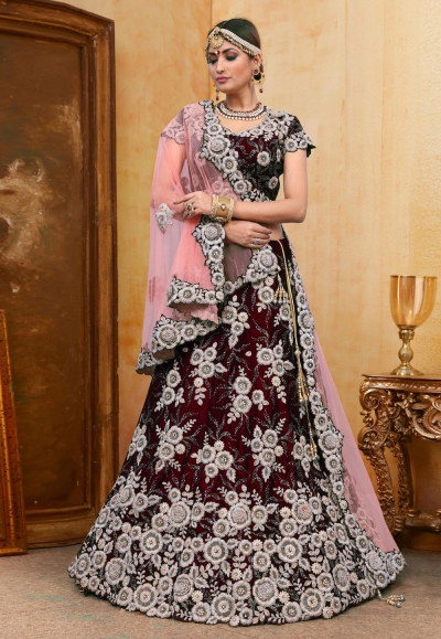 Maroon velvet bridal lehenga choli N222B