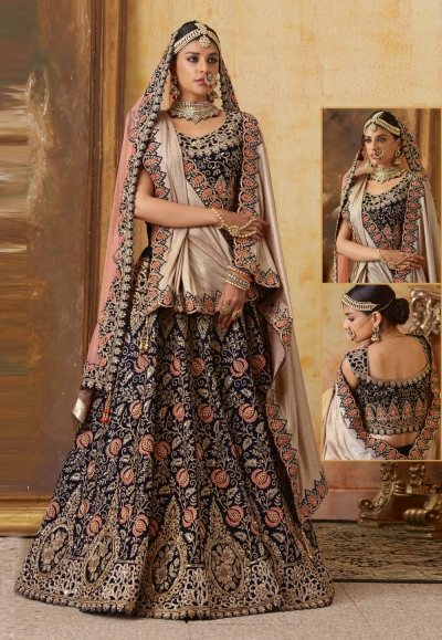 Blue velvet bridal lehenga choli N227A