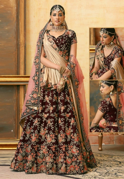 Maroon velvet bridal lehenga choli N231D