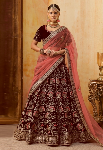 Maroon velvet bridal lehenga choli N233B