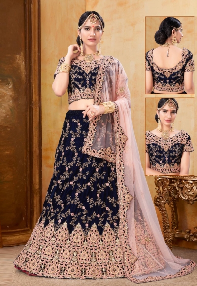 Navy blue velvet bridal lehenga choli N239A