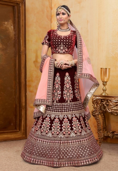 Maroon velvet bridal lehenga choli N217C