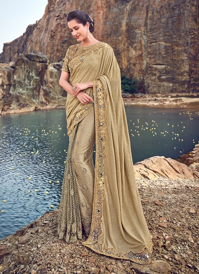 Gold color korean fabric mirror and hand work wedding saree