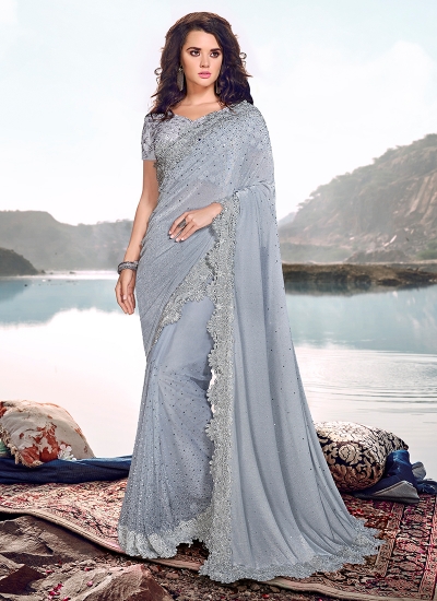 Grey korean fabric heavy crystal work wedding saree