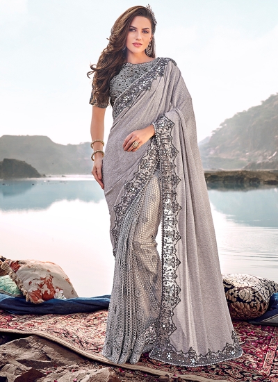 Grey heavy hand work wedding saree