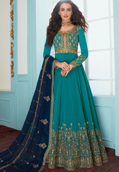 blue georgette floor length anarkali suit 7081