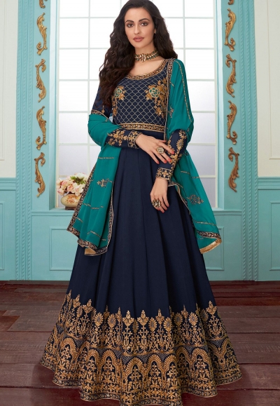 dark blue georgette floor length anarkali suit 7079