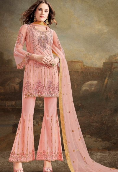 pink net silk embroidered pakistani trouser suit 30032