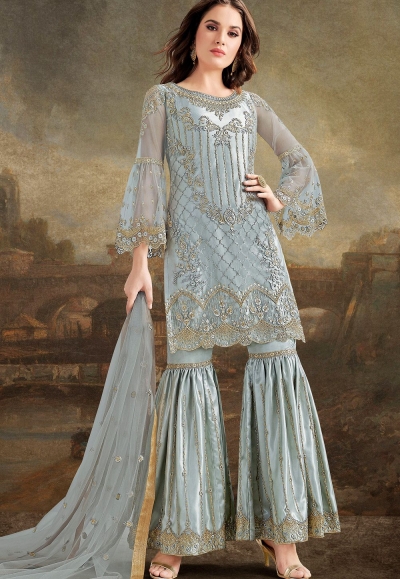 grey net silk embroidered pakistani sharara suit 30028