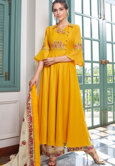 yellow muslin long palazzo suit 783