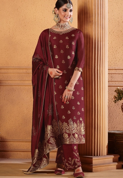 maroon dola jacquard palazzo style suit 8503