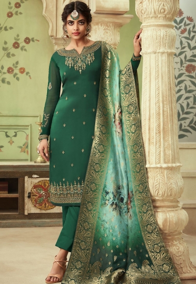 green shade satin georgette straight trouser suit 10702