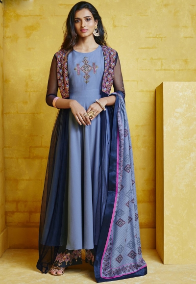 blue shade muslin long palazzo style suit 756