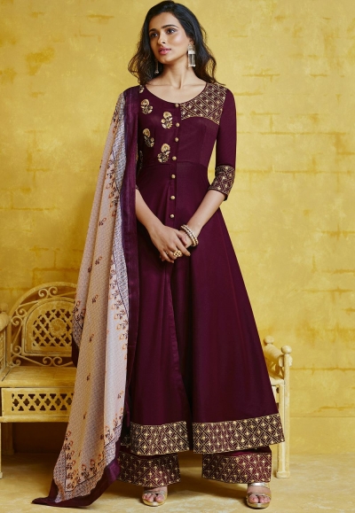wine muslin long palazzo style suit 755