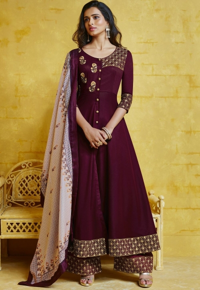 wine muslin long palazzo style suit 755