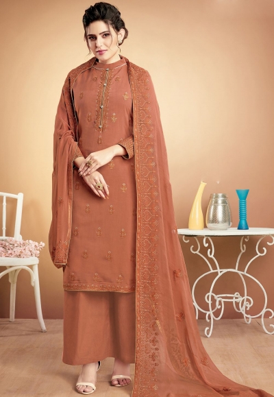shinny brown muslin straight palazzo style suit 923