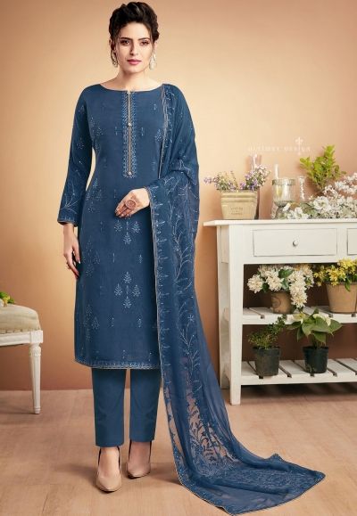 blue muslin straight palazzo style suit 920