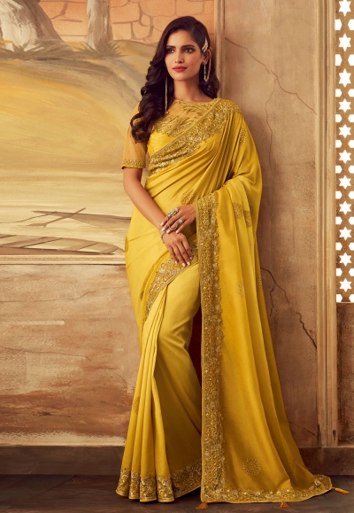 Yellow silk festival wear saree 5114