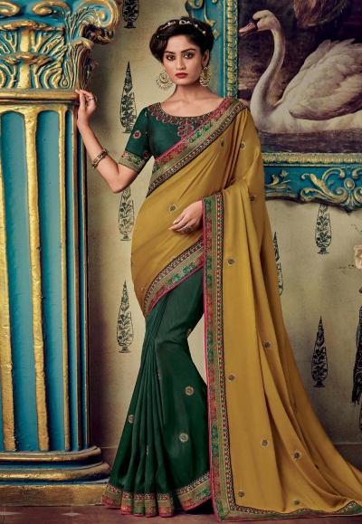 Mustard art silk embroidered half and half saree 88333