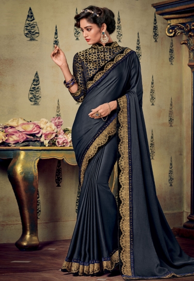 Dark gray art silk embroidered party wear saree 88339