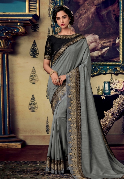 Gray art silk embroidered party wear saree 88341