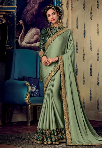 Light green art silk embroidered party wear saree 88343