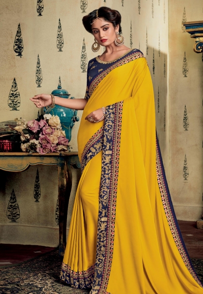 Yellow art silk embroidered saree with blouse 88346