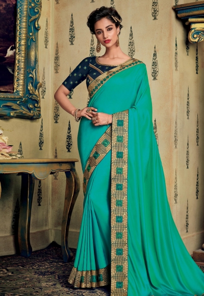 Turquoise blue art silk embroidered festival wear saree 88348