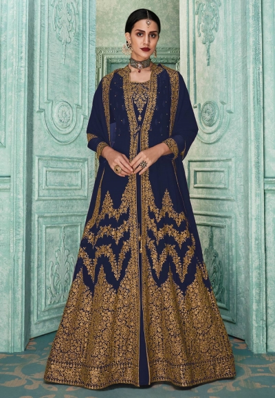 Navy blue faux georgette embroidered jacket style suit SJ83