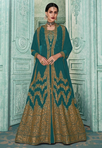 Turquoise faux georgette embroidered long anarkali suit SJ82